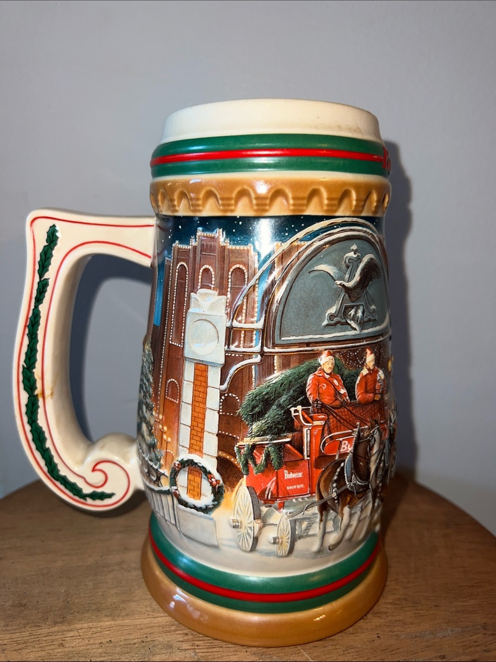 Budweiser Holiday Clydesdales Ceramic Stein - Green, Red, Brown, White